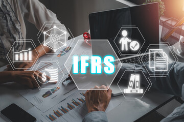 IFRS, International financial reporting standards concept, Business team analyzing income charts...