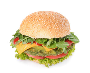 Tasty vegetarian burger with spinach cutlet, cheese and vegetables isolated on white