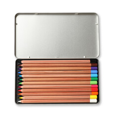 Box with many colorful pastel pencils isolated on white, top view. Drawing supplies