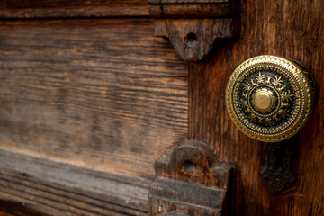 Dark Brown Wooden Door with Decorative Gold Knob