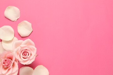 Fototapeta na wymiar Beautiful roses and petals on pink background, flat lay. Space for text