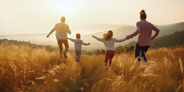Happy family run in sunset, outdoor vacation concept