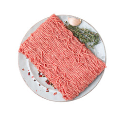 Fresh raw ground meat, peppercorns, garlic and thyme isolated on white, top view