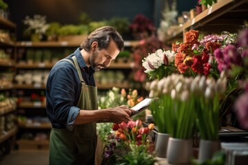 Fototapeta na wymiar Business in Bloom: A Florist Engaged in Taking Notes and Conducting Inventory, Skillfully Managing Floral Arrangements in the Retail Space of the Flower Shop.
