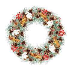 Fototapeta na wymiar Christmas wreath isolated on white background. Clipart. Watercolor hand drawn art illustration. For cards, handmade textiles, prints, menus, poster