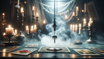 Cartomancy - Pendulum On Blurred Altar With Defocused-Tarot Cards And Smoke - obrazy, fototapety, plakaty