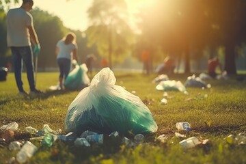 Eco Warriors: Volunteers Working Together, Collecting and Sorting Plastic Waste in a Park for Recycling - A Team Effort for Environmental Cleanup and Conservation.

