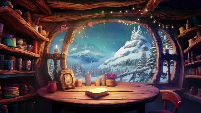 Retro Lofi Cozy Winter Porch with Steaming Mug, Candles, Snow, Flashing Lights & Mountains. Snowy Christmas / Holiday Day. Looping. Animated Background. VJ / Vtuber / Streamer Backdrop. Seamless Loop.