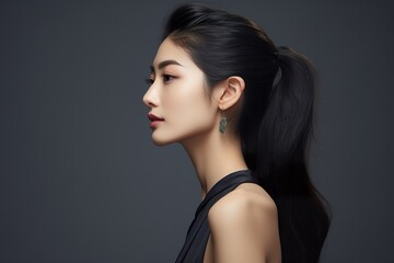 Studio photo of Asia Model photography, side view, chinese women, extremely beautiful, in pure gray background