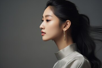 Studio photo of Asia Model photography, side view, chinese women, extremely beautiful, in pure gray background