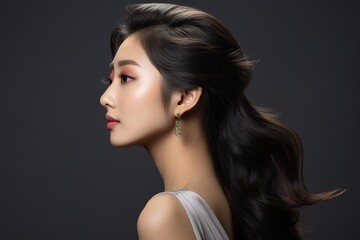 Fototapeta premium Studio photo of Asia Model photography, side view, chinese women, extremely beautiful, in pure gray background