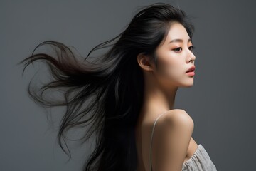 Fototapeta premium Studio photo of Asia Model photography, side view, chinese women, extremely beautiful, in pure gray background