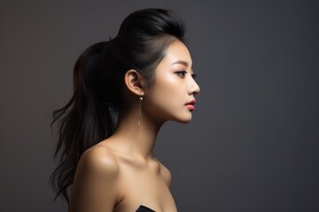 Fototapeta premium Studio photo of Asia Model photography, side view, chinese women, extremely beautiful, in pure gray background