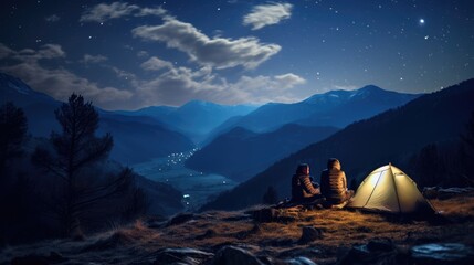Romantic Night Under the Stars: A Beautiful Photo of a Couple Camping in the Albanian Wilderness, Surrounded by a Clear Night Sky, Twinkling Stars, and a Stunning Night Landscape.

