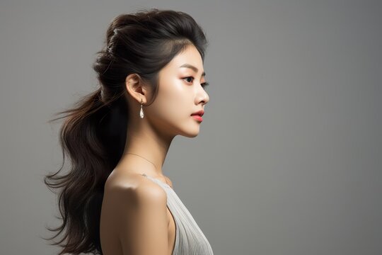 Studio photo of Asia Model photography, side view, chinese women, extremely beautiful, in pure gray background