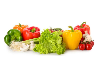 Fresh vegetables with lettuce and mushrooms on white background