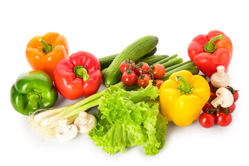 Fresh vegetables with lettuce and mushrooms on white background