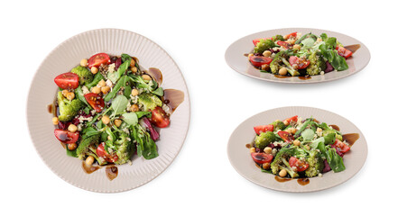 Delicious salad with balsamic vinegar isolated on white, set with different views