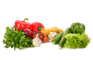 Fresh vegetables with lettuce, parsley and mushrooms on white background