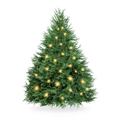 Christmas tree decorated and festive lights isolated on white