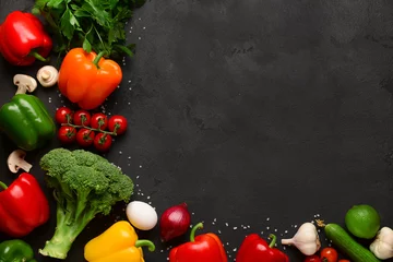 Fotobehang Fresh vegetables, fruits and mushrooms on black background © Pixel-Shot