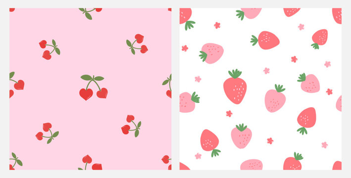 Seamless pattern with heart shape cherries on pink background.  Seamless pattern with strawberry and little flower on white background 