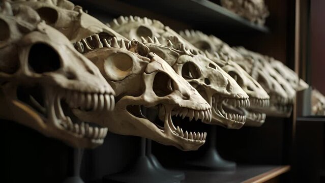 A line of taxidermied dinosaur skulls all pointing towards the sky.. .