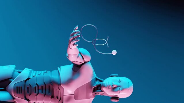 Medical Robot Holding Stethoscope, 3D Render, Humanoid Robot, Robotics, AI, Medical Technology, Vertical 