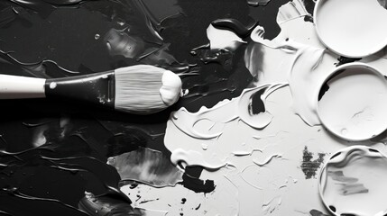 Close-up of a painter's palette, black and white color, abstract background. Brush and paints.
