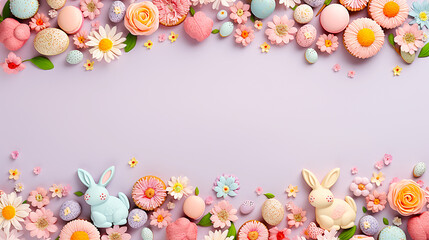 Lots of flowers and colorful Easter eggs on a purple background with copy space.