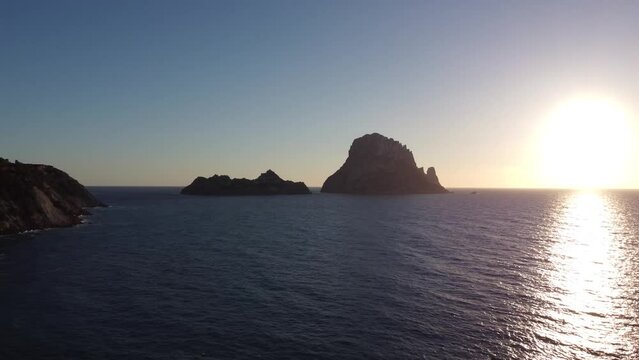 Drone aerial with sunset at Es Vedr&agrave; Island
