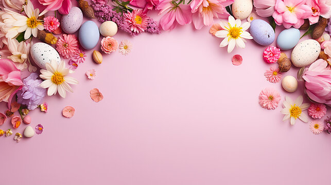 Lots of flowers and colorful Easter eggs on a pink background with copy space.