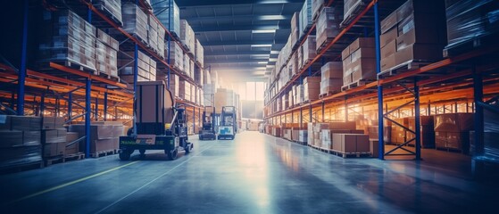Fototapeta premium Retail warehouse full of shelves with goods in cartons, with pallets and forklifts. Logistics and transportation blurred background. Product distribution center