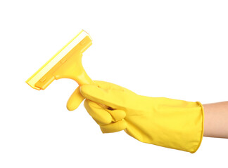 Female hand in yellow rubber glove holding squeegee on white background