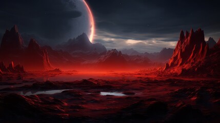 A mountain range of red mountains on a magical planet