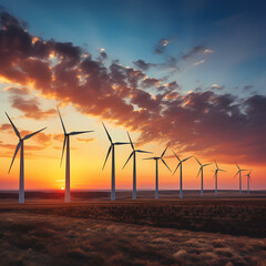 A cluster of wind turbines against a sunset sky.