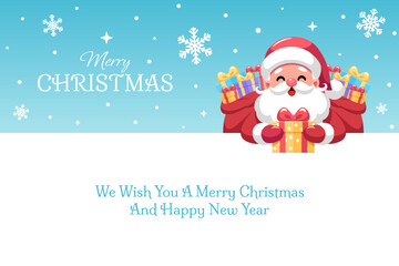 Santa Claus holding yellow gift box and red sack on sky blue background with snowflakes and white signboard. Merry Christmas and happy new year greeting card vector illustration.