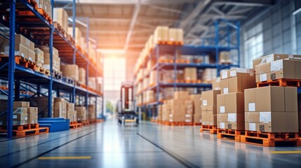 Retail warehouse full of shelves with goods in cartons, with pallets and forklifts. Logistics and transportation blurred background. Product distribution center