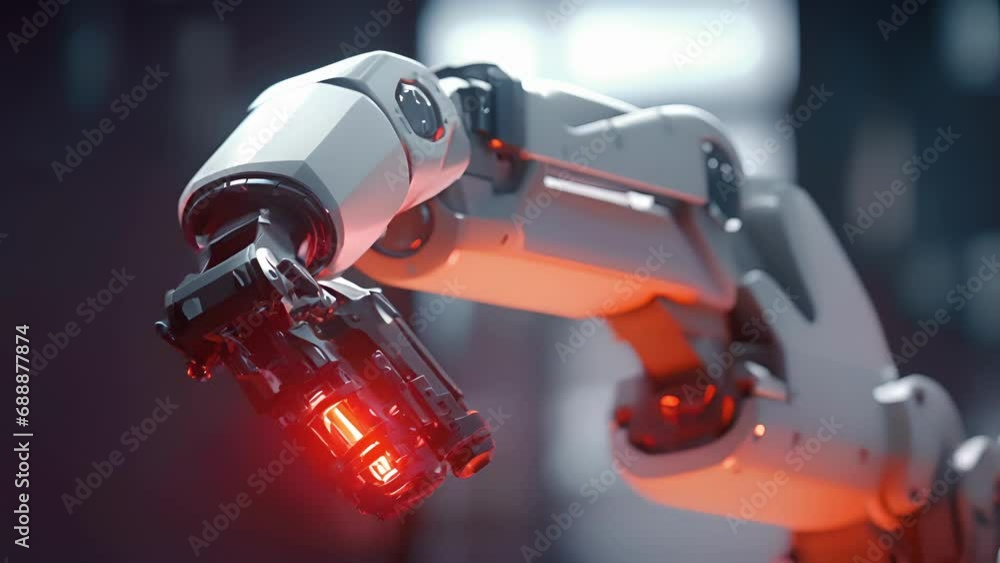 Poster a timelapse animation of a robotic arm slowly transforming and adapting to new tasks and environment