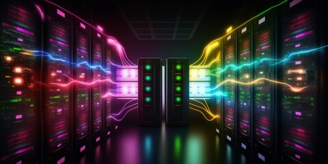Fototapeta na wymiar Colorful RGB Data Center Full of Rack Servers and Supercomputers, Modern Telecommunications, Artificial Intelligence, Supercomputer Technology Concept.