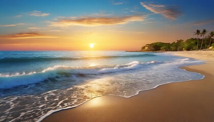 A view of the sun rising over calm sea waves seen from the beach. sunrise on the beach