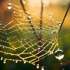 A close-up of dewdrops on a spiderweb in the early morning light.