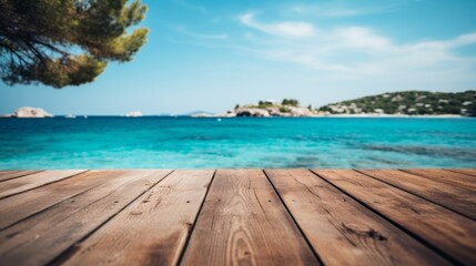 Fototapeta premium Empty wooden table with blurred sea