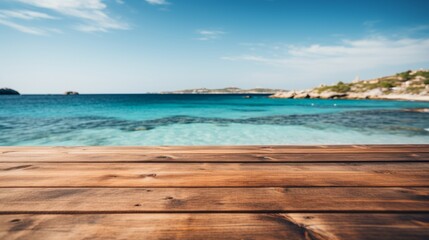 Fototapeta premium Empty wooden table with blurred sea