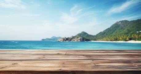 Fototapeta premium Empty wooden table with blurred sea
