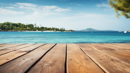 Fototapeta premium Empty wooden table with blurred sea