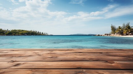 Fototapeta premium Empty wooden table with blurred sea