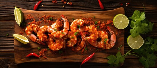 Tasty shrimp cooked with cajun spice and lime on a maple board.