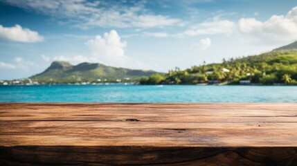 Fototapeta premium Empty wooden table with blurred sea