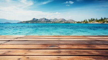 Fototapeta premium Empty wooden table with blurred sea